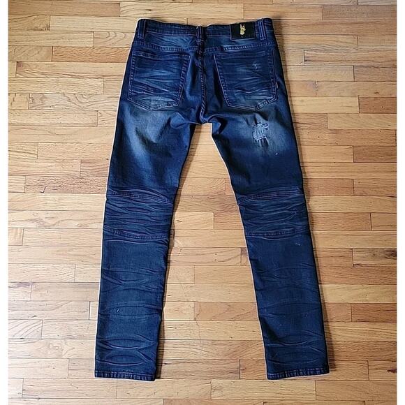 Makobi‎ Prado Biker Rip Repair Moto Jeans Blue Dark Wash Low Rise Straight Leg - Picture 2 of 11